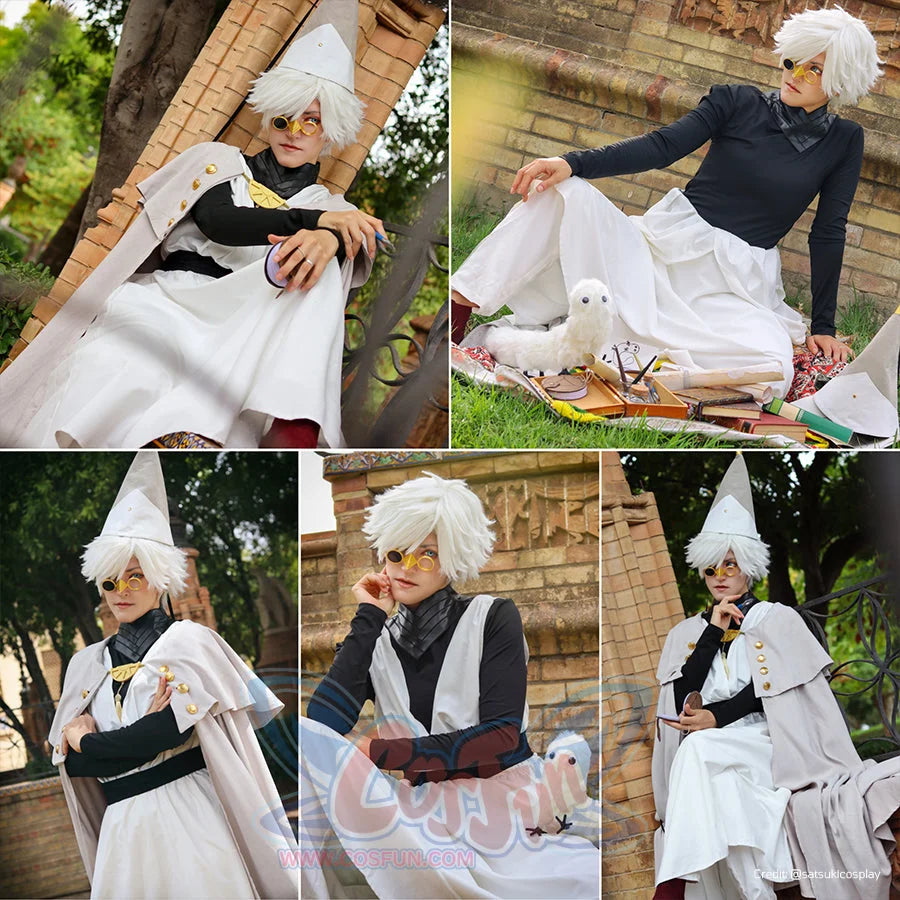 Witch Hat Atelier Qifrey cosplay costume collage gathers seated poses beneath a pale cape draped over the white robe.