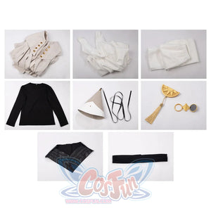 Witch Hat Atelier Qifrey cosplay costume set flat lay arranges the cape, robes, pants, hat, glasses, and belt.