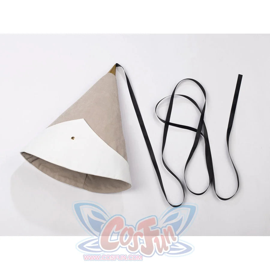 Witch Hat Atelier Qifrey cosplay hat flat lay arranges the pointed hat with black ties and glasses.