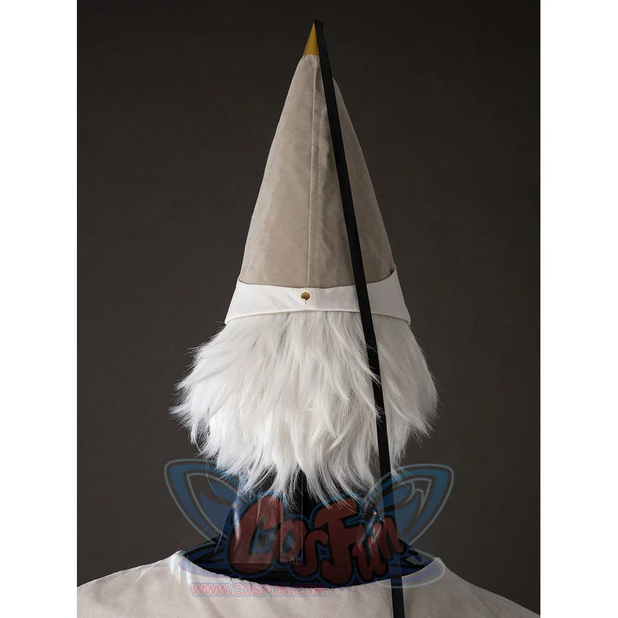 Witch Hat Atelier Qifrey cosplay pointed hat back detail tapers into black tie cords above the cape collar.