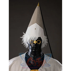 Witch Hat Atelier Qifrey cosplay pointed hat detail frames a cream cone, black ties, and round glasses.