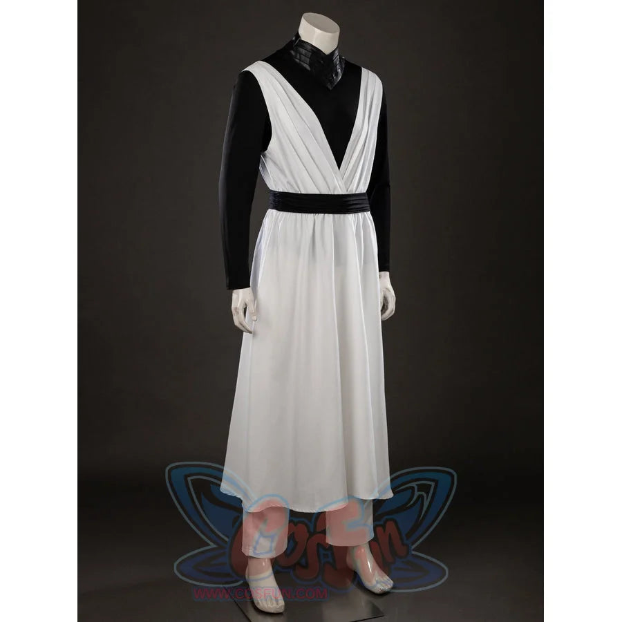 Witch Hat Atelier Qifrey cosplay robe angled view layers white panels over cropped pants and black sleeves.
