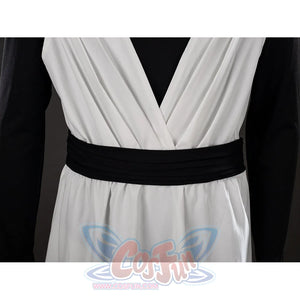 Witch Hat Atelier Qifrey cosplay waist sash detail wraps black fabric over the crossed white robe panels.