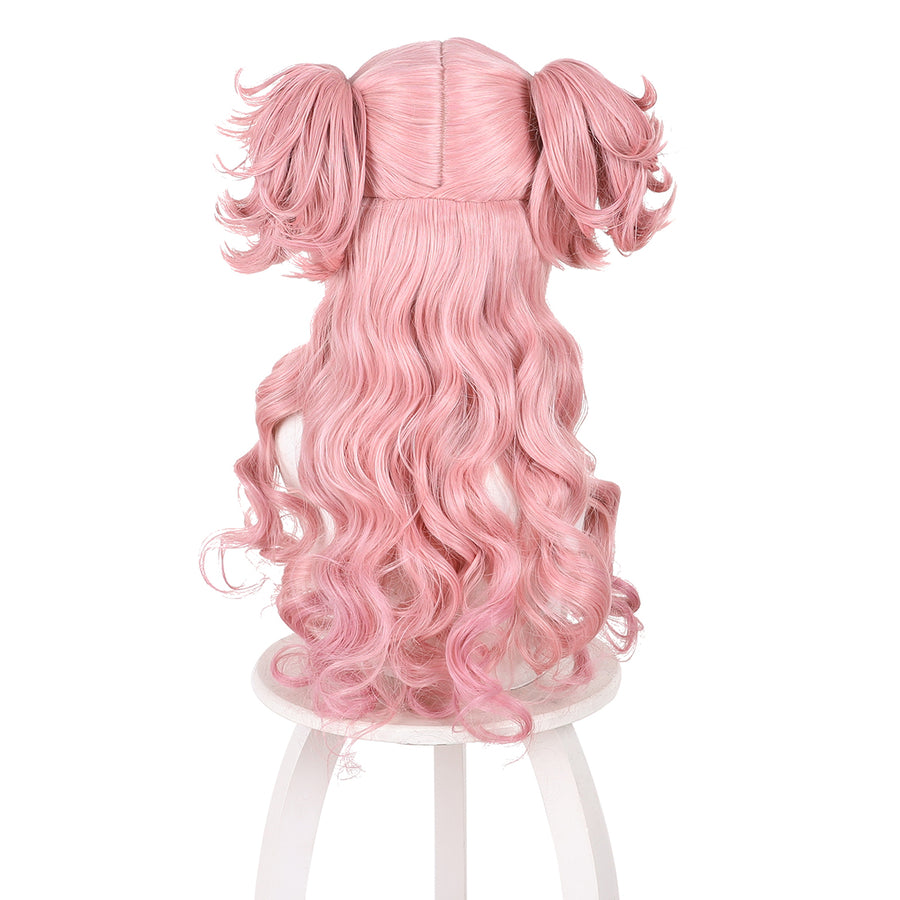 Witch Hat Atelier Tetia cosplay wig back view reveals layered pink waves beneath curled twin buns.