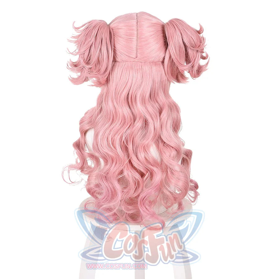 Witch Hat Atelier Tetia cosplay wig back view reveals layered pink waves beneath curled twin buns.