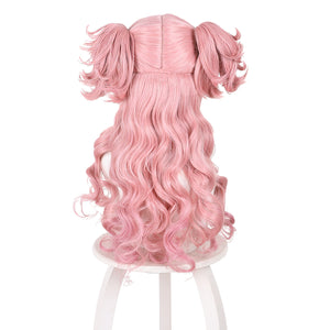 Witch Hat Atelier Tetia cosplay wig back view reveals layered pink waves beneath curled twin buns.