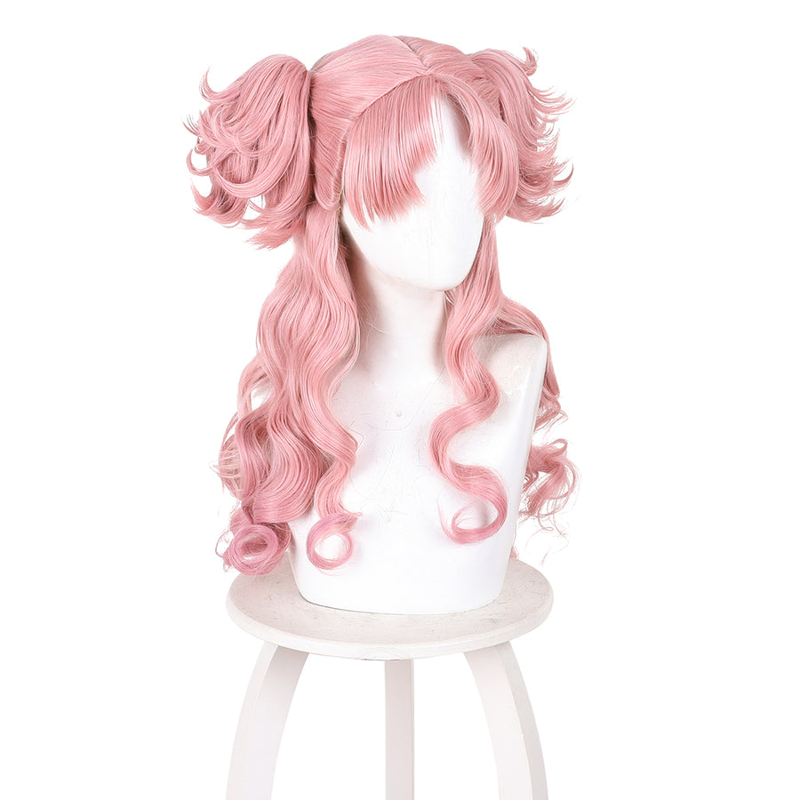 Witch Hat Atelier Tetia cosplay wig front view frames soft bangs above long pink gradient curls.