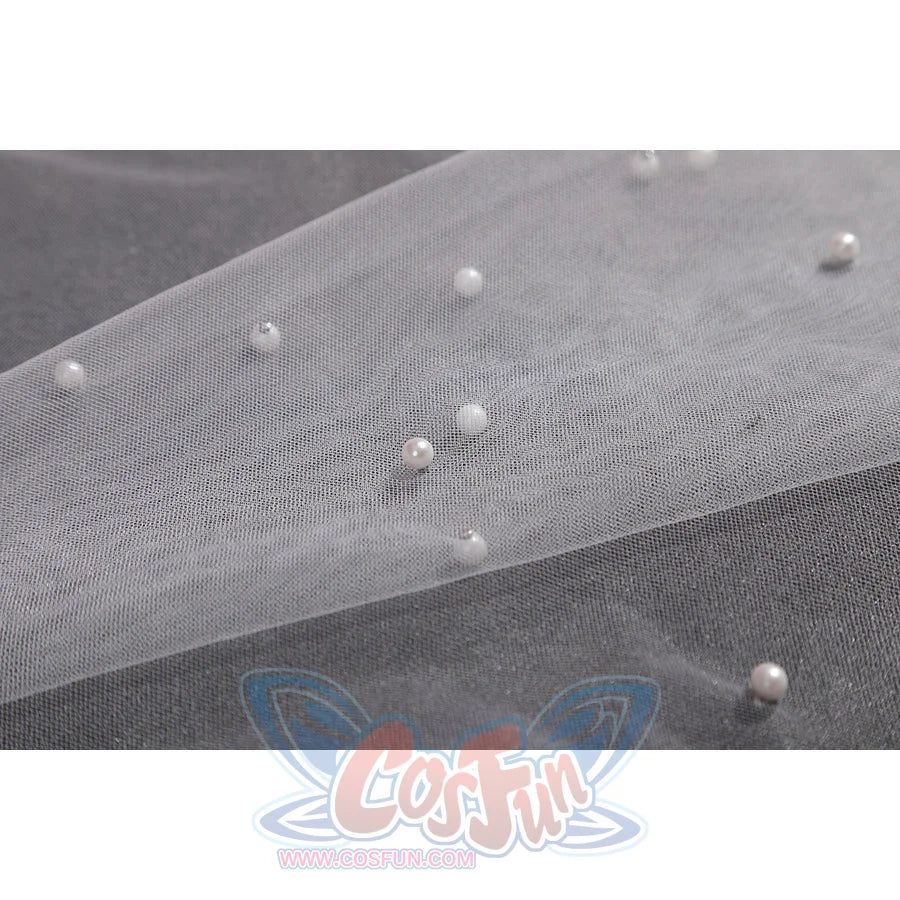 Wuthering Waves Aemeath cosplay beaded mesh detail scatters pearl-like beads across sheer white fabric.
