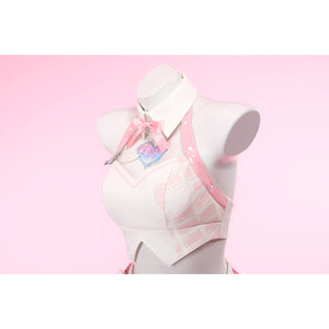 Wuthering Waves Aemeath cosplay bodice angled view shapes the glossy white top beneath pink straps and a bow tie.