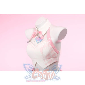 Wuthering Waves Aemeath cosplay bodice angled view shapes the glossy white top beneath pink straps and a bow tie.