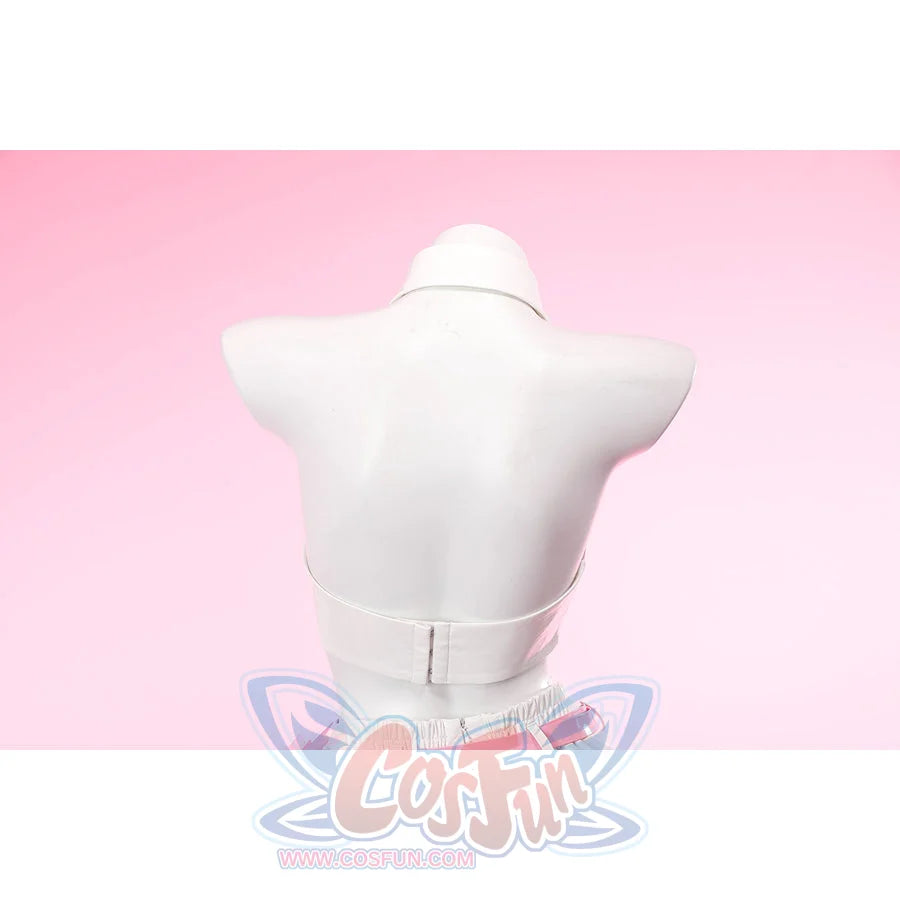 Wuthering Waves Aemeath cosplay bodice back view shows the clean white panel above a pink waist strap.