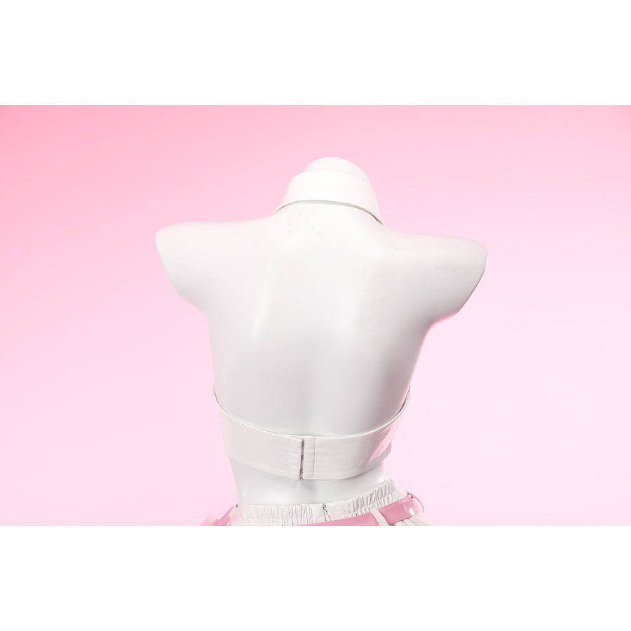 Wuthering Waves Aemeath cosplay bodice back view shows the clean white panel above a pink waist strap.