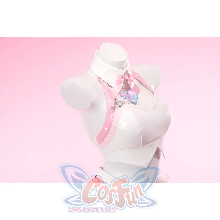 Wuthering Waves Aemeath cosplay bodice shoulder detail angles a glossy pink strap over a white halter top and bow tie.