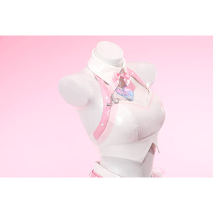 Wuthering Waves Aemeath cosplay bodice shoulder detail angles a glossy pink strap over a white halter top and bow tie.