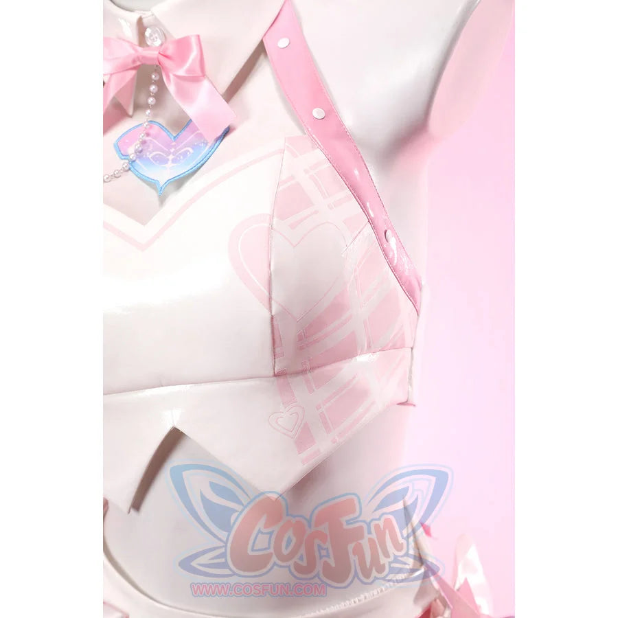 Wuthering Waves Aemeath cosplay bodice side detail traces pink straps over glossy white panels and sheer trim.