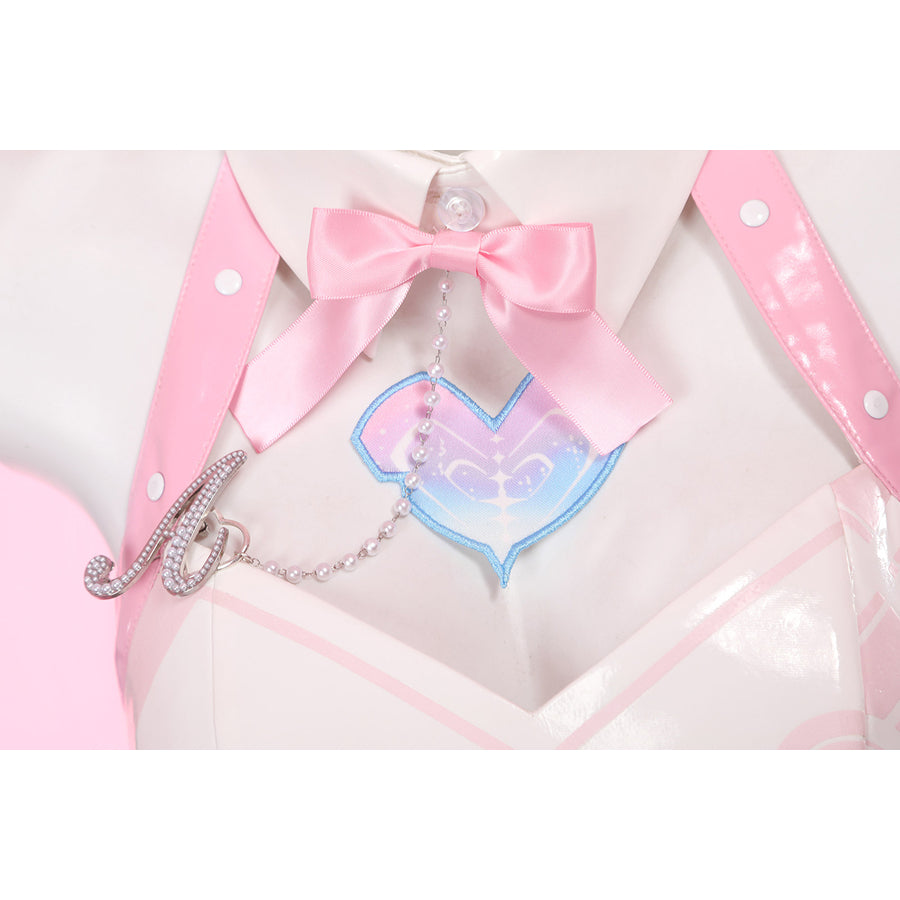 Wuthering Waves Aemeath cosplay bow brooch detail anchors the heart patch below glossy pink straps and silver-tone chain.