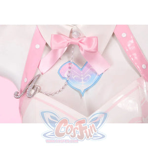 Wuthering Waves Aemeath cosplay bow brooch detail anchors the heart patch below glossy pink straps and silver-tone chain.