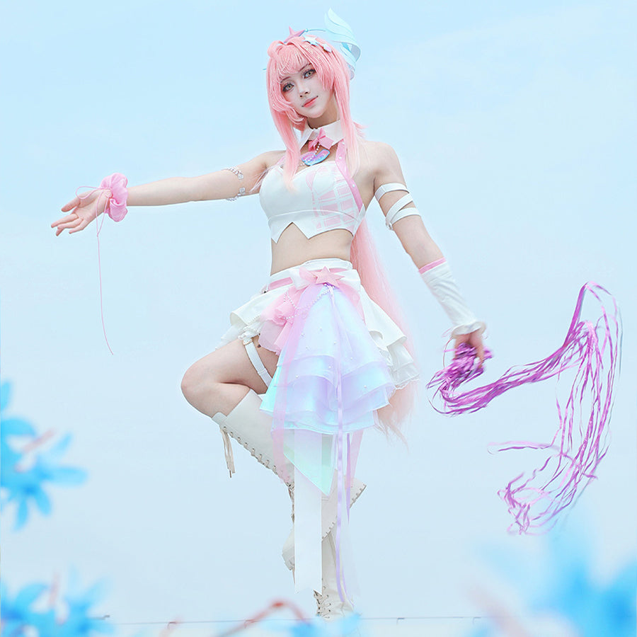 Wuthering Waves Aemeath cosplay costume balances a white halter top over a skirt as pink streamers trail from the waist.