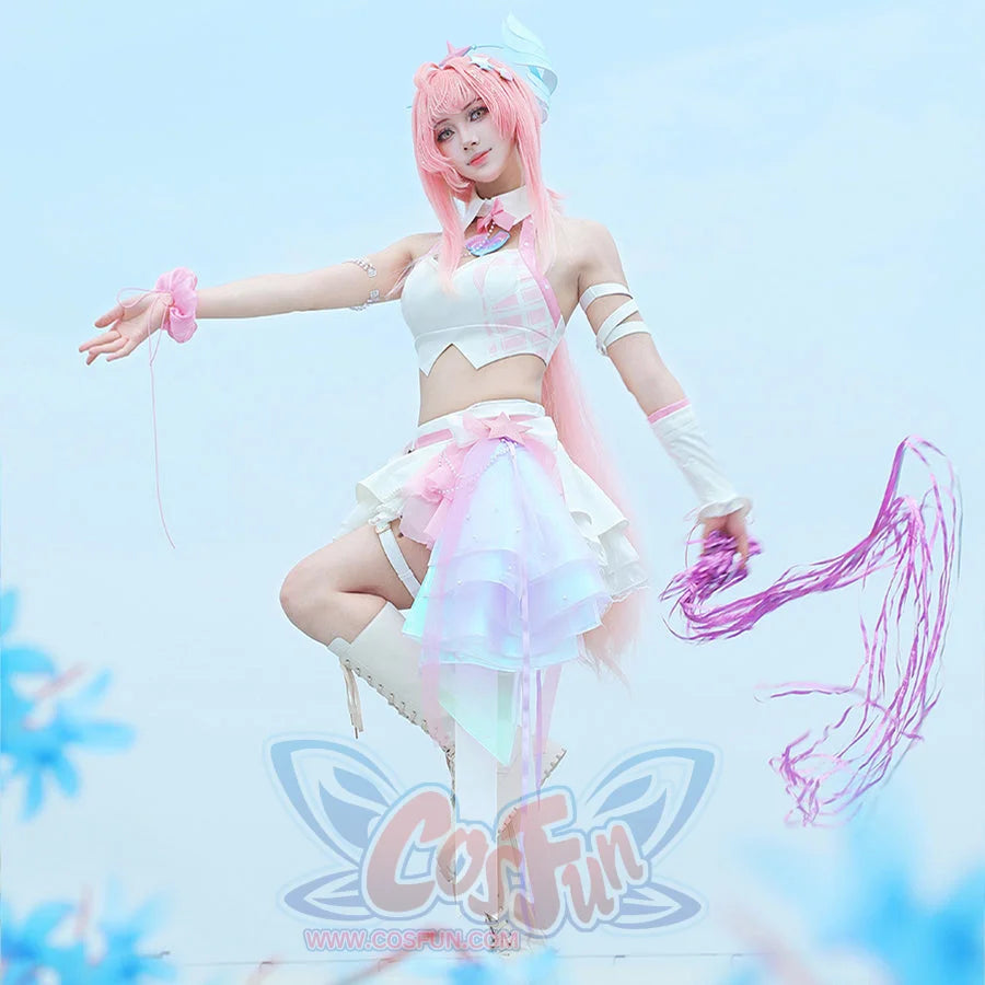 COSFUN Wuthering Waves Aemeath cosplay costume layers a white halter top above a ruffled skirt and pink trailing bow.