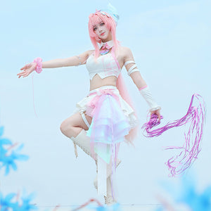 Wuthering Waves Aemeath cosplay costume balances a white halter top over a skirt as pink streamers trail from the waist.