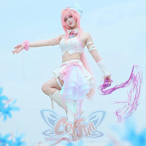 Wuthering Waves Aemeath cosplay costume balances a white halter top over a skirt as pink streamers trail from the waist.