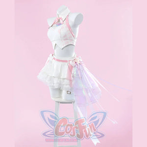 Wuthering Waves Aemeath cosplay costume angled view layers the halter top over the skirt beside iridescent side streamers.