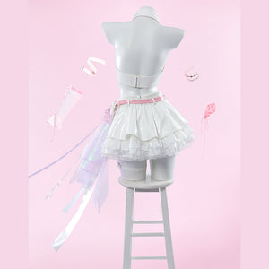 Wuthering Waves Aemeath cosplay costume back view gathers a white skirt below a pink belt and trailing side bow.