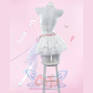 Wuthering Waves Aemeath cosplay costume back view gathers a white skirt below a pink belt and trailing side bow.