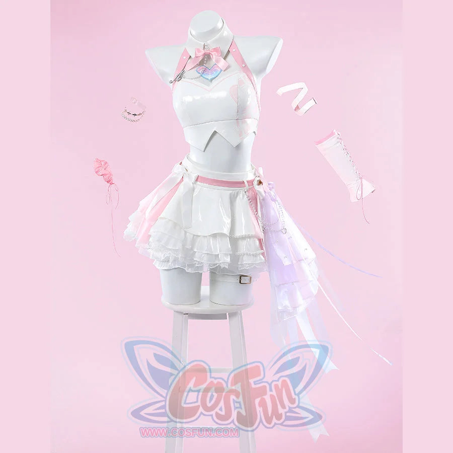 Wuthering Waves Aemeath cosplay costume front view pairs the halter top and skirt beneath a bow tie and chains.