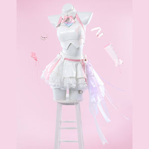 Wuthering Waves Aemeath cosplay costume front view pairs the halter top and skirt beneath a bow tie and chains.