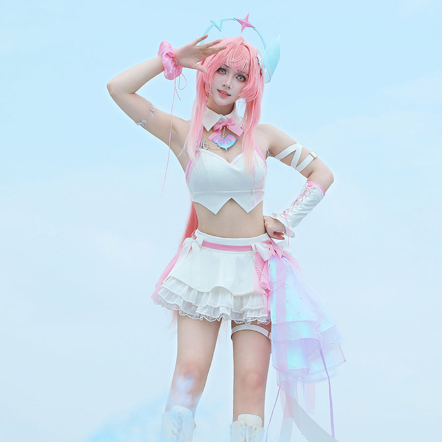 Wuthering Waves Aemeath cosplay costume front view sets a white halter top above a ruffled skirt and pink belt.