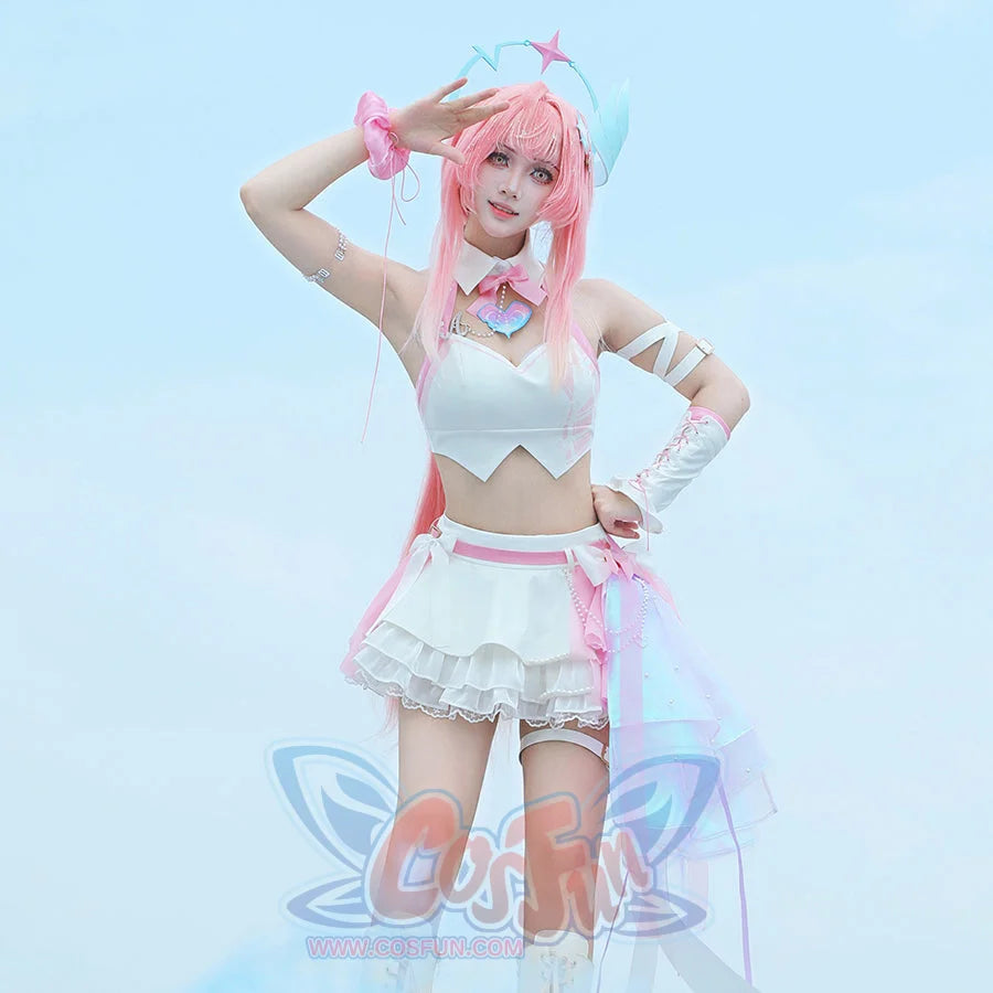 Wuthering Waves Aemeath cosplay costume front view sets a white halter top above a ruffled skirt and pink belt.
