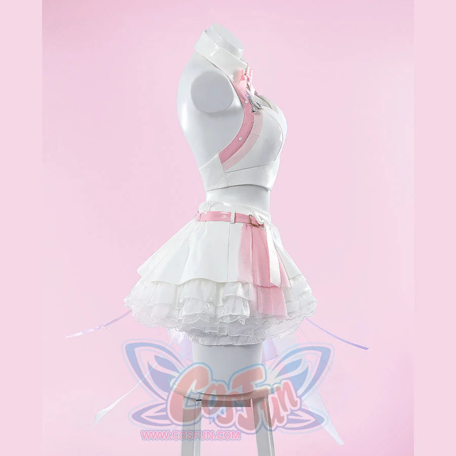 Wuthering Waves Aemeath cosplay costume profile view sets the pink shoulder strap above a white skirt and side bow.
