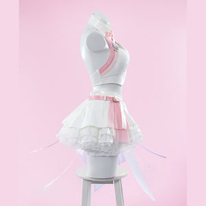 Wuthering Waves Aemeath cosplay costume profile view sets the pink shoulder strap above a white skirt and side bow.