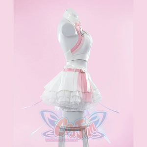 Wuthering Waves Aemeath cosplay costume profile view sets the pink shoulder strap above a white skirt and side bow.