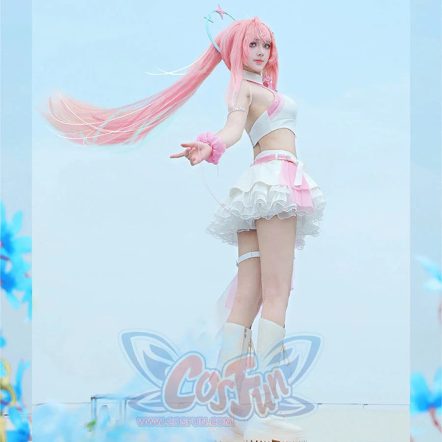 Wuthering Waves Aemeath cosplay costume side view frames the layered skirt beneath a side-waist bow and pale gauze.