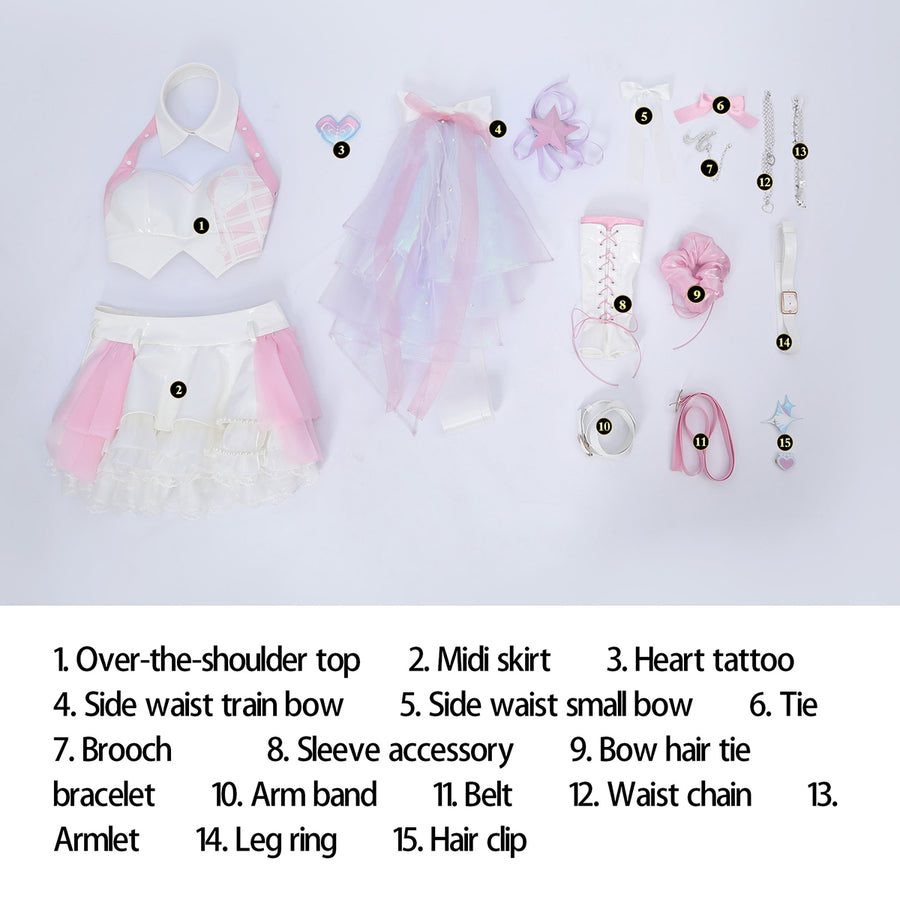 Wuthering Waves Aemeath cosplay full set flat lay arranges the halter top, skirt, bows, chains, and hair clips.
