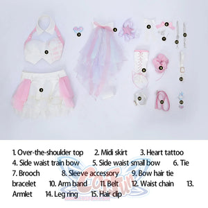 Wuthering Waves Aemeath cosplay full set flat lay arranges the halter top, skirt, bows, chains, and hair clips.