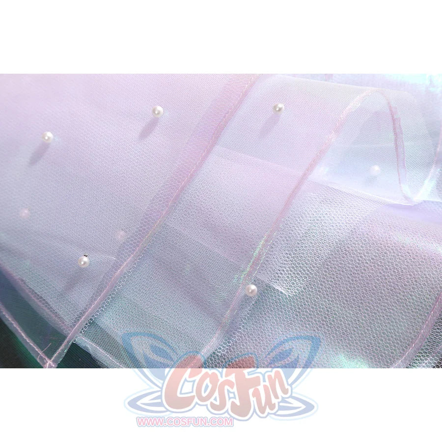 Wuthering Waves Aemeath cosplay gauze bow detail layers sheer iridescent panels with tiny bead accents.