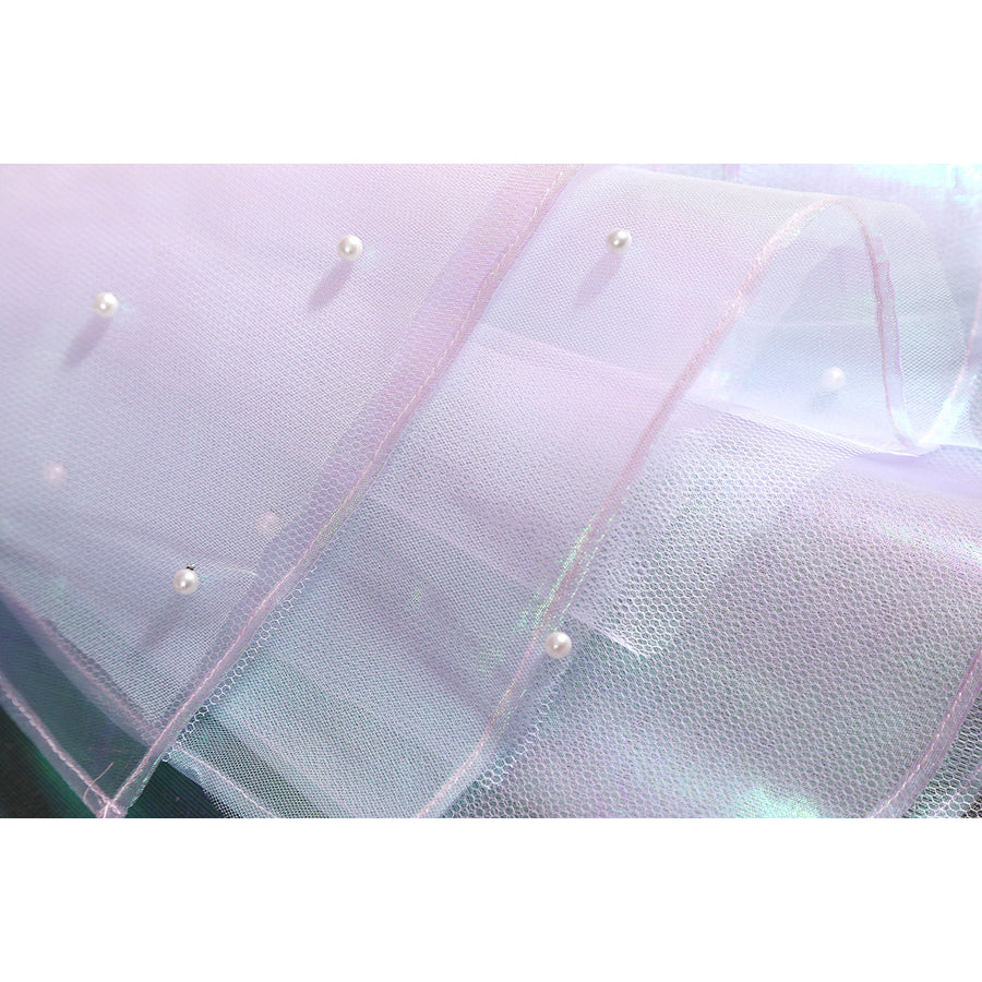 Wuthering Waves Aemeath cosplay gauze bow detail layers sheer iridescent panels with tiny bead accents.