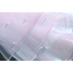 Wuthering Waves Aemeath cosplay gauze bow detail layers sheer iridescent panels with tiny bead accents.
