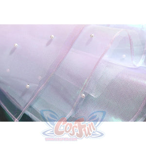 Wuthering Waves Aemeath cosplay gauze bow detail layers sheer iridescent panels with tiny bead accents.