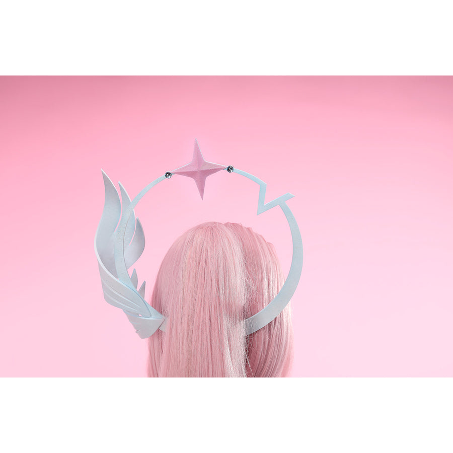 Wuthering Waves Aemeath cosplay headpiece back view crowns the hair through blue arcs and a pink star.