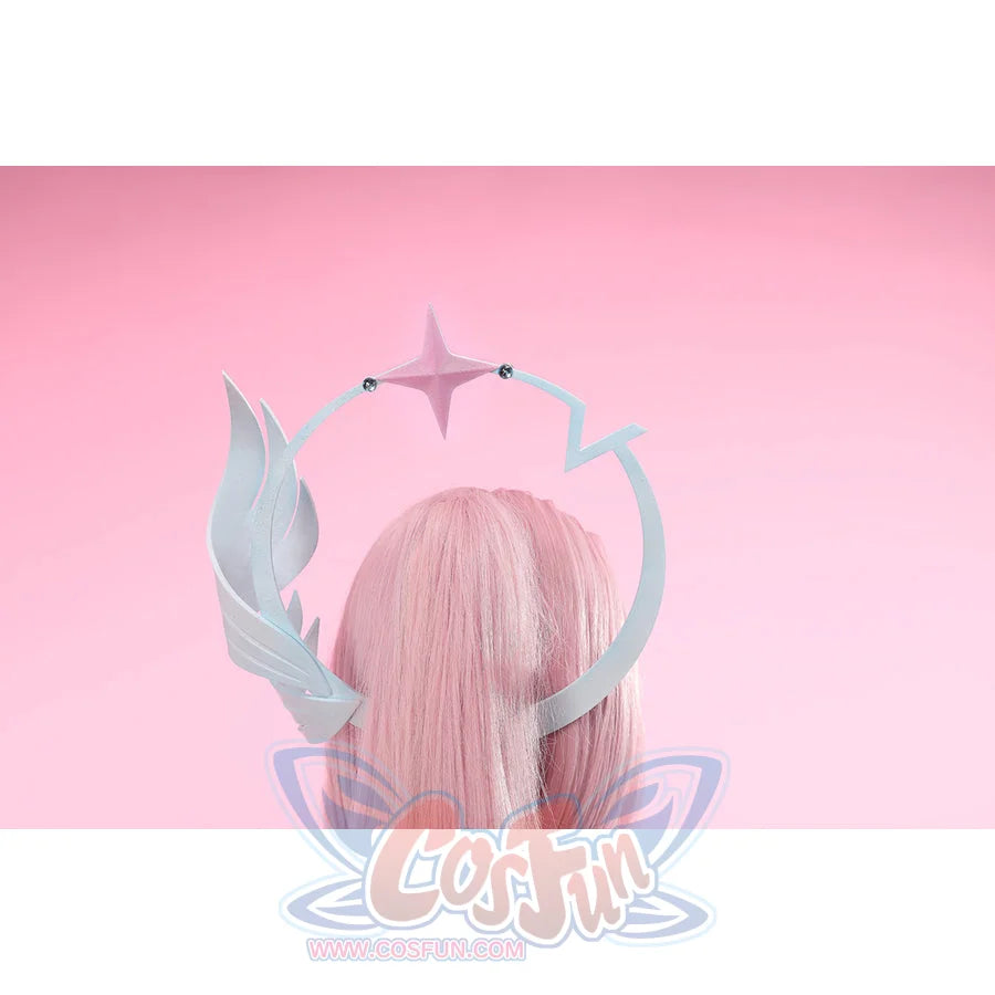 Wuthering Waves Aemeath cosplay headpiece back view crowns the hair through blue arcs and a pink star.