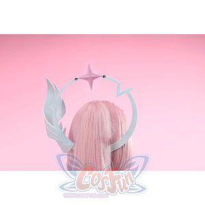 Wuthering Waves Aemeath cosplay headpiece back view crowns the hair through blue arcs and a pink star.