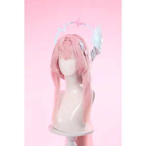 Wuthering Waves Aemeath cosplay headpiece front view sets pale blue wing arcs beside star hair clips.
