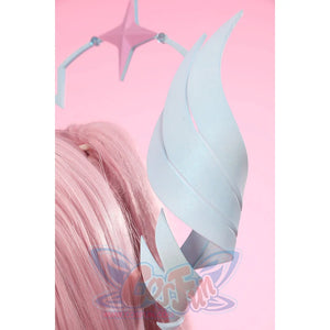 Wuthering Waves Aemeath cosplay headpiece wing detail curves pale blue feather shapes beside the star arc.
