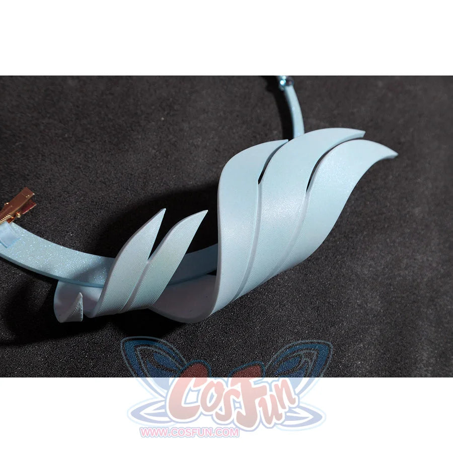 Wuthering Waves Aemeath cosplay headpiece wing piece detail layers pale blue feather shapes along the curved band.