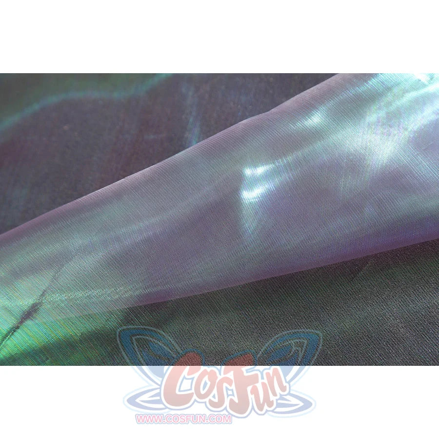 Wuthering Waves Aemeath cosplay iridescent gauze detail shifts blue and pink tones across a sheer panel.