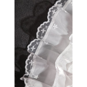 Wuthering Waves Aemeath cosplay lace edge detail traces embroidered flowers along a sheer white ruffle.